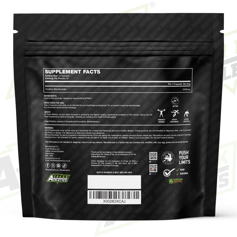 Freak Athletics Creatine Monohydrate Capsules - 3000mg Per Serving, 120 Capsules, 100% Pure Creatine for Strength, Power & Muscle Performance, Easy to Swallow Capsule | 4 Capsules Per Serving 1 count (Pack of 120)