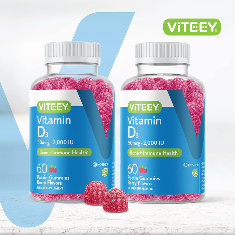 Viteey Vitamin D3 Gummies for Adults & Teens - 2,000 IU, 50mcg | Regular Strength - Joint & Muscle Health, Immune Boost - Chewable Vitamin D Gummies - Vegetarian, Gelatin Free - 120 Count 60 Count (Pack of 2)