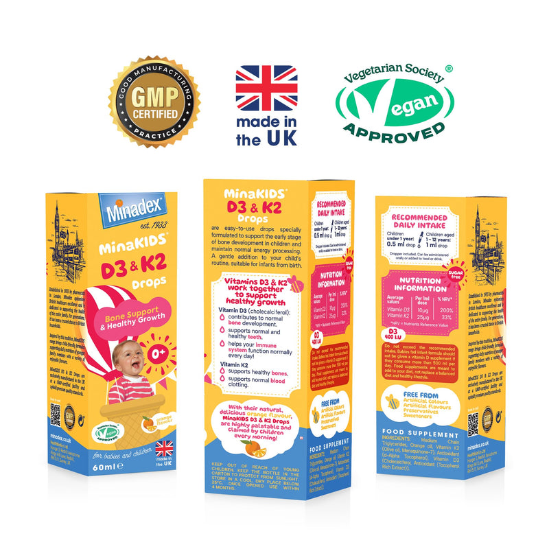 MinaKIDS D3 & K2 Drops – Delicious Orange Flavoured Supplement with 400 I.U D3, Essential Bone & Immune Support Vitamins for Babies and Children, Sugar-Free, Vegan, 60ml