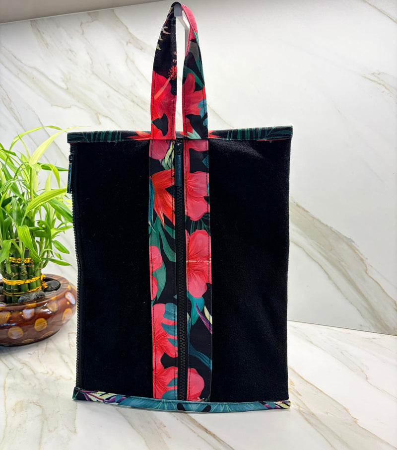 Zip-Front Terry Essentials Tote, Travel Organizer Carryall for Makeup, Toiletries & Accessories, Top Handle Zipper Bag Flor Maga Black Flor Maga