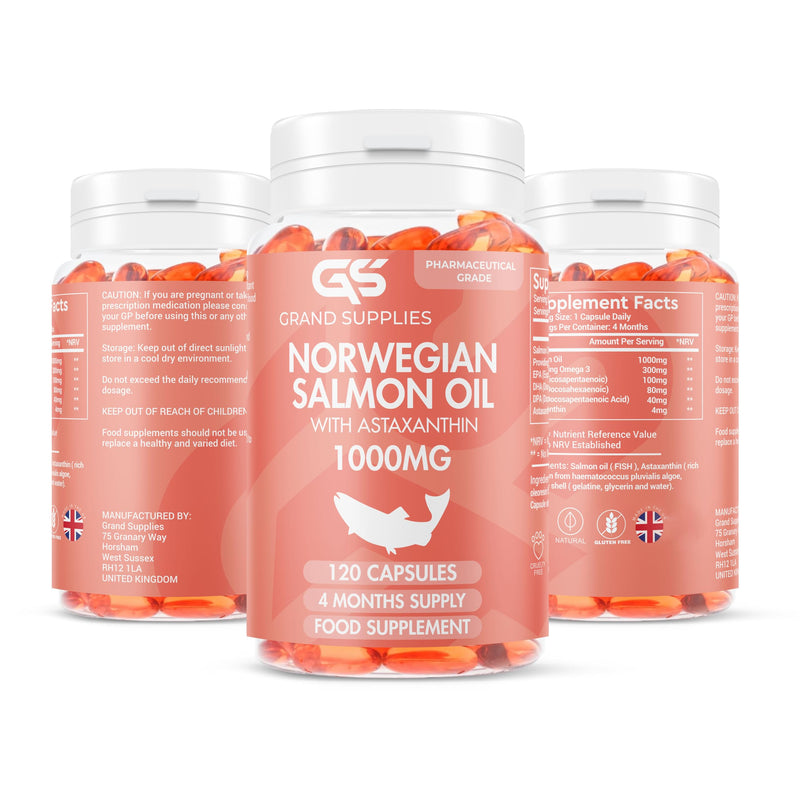 Norwegian Salmon Oil - 1000mg - 4 Months Supply - DHA,DPA,EPA & Astaxanthin - Omega 3 6 9 Capsules High Strength -Burpless Taste - 120 Days Supply