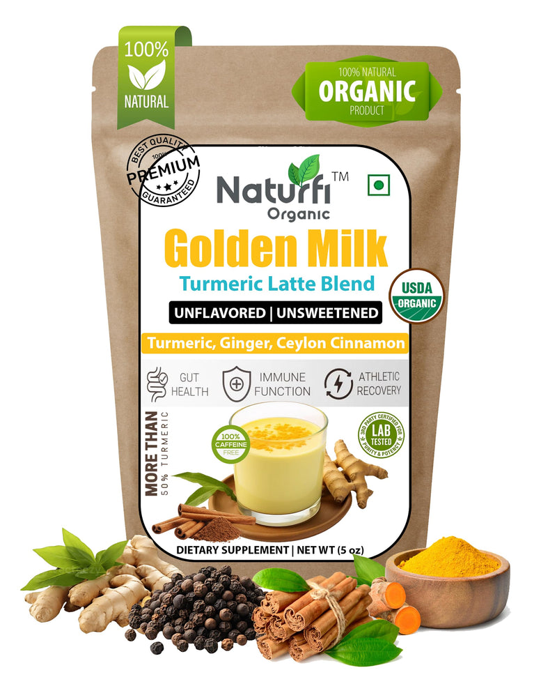 Naturfi Organic Golden Milk Powder with Turmeric, Ceylon Cinnamon, Ginger & Black Pepper | Anti-Inflammatory Turmeric Latte | Ayurvedic Blend | Unsweetened, Vegan, Non-GMO, Keto | 120 Servings, 150g