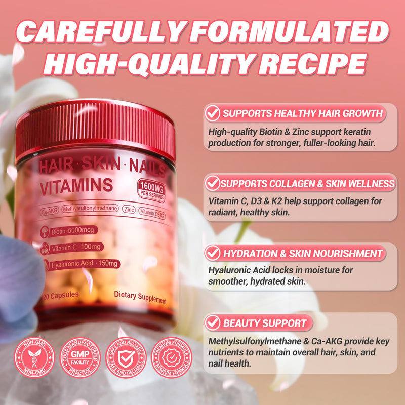 Hair Skin and Nails Vitamins – Biotin, Hyaluronic Acid, Calcium AKG, Vitamin C & Vitamin D3 K2 – Support Healthy Hair Growth, Strong Nails & Radiant Skin - 120 Capsules (1 Pack)