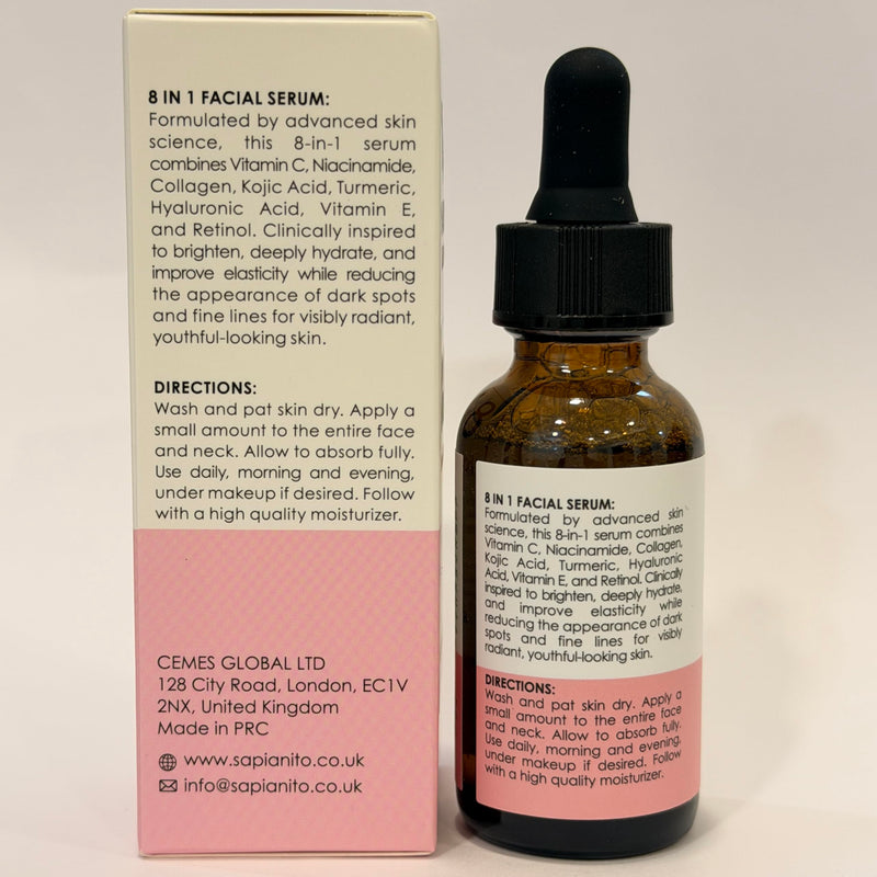 Sapi Anito 8-in-1 Sensitive Face Serum, Vitamin C, Niacinamide, Collagen, Kojic Acid, Turmeric, Vitamin E, Hyaluronic Acid & Retinol, Lightweight Hydrating Serum for Sensitive Skin, 1 fl oz (30 ml)