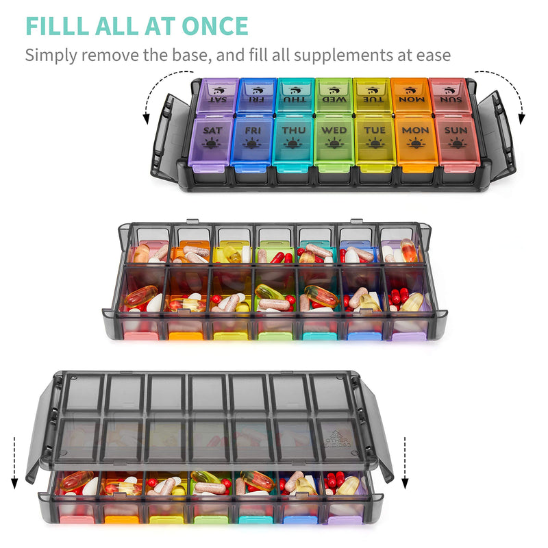 FGcase Large Pill Organizer 2 Times a Day 7 Day AM PM Pill Box Organizer with Lock, Easy Fill and Detachable Design, Travel Medicine Box for Vitamins and Pills, Black Rainbow
