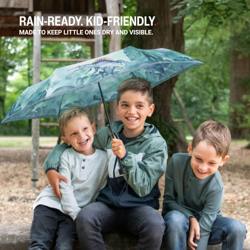 Knirps Rookie Kids Umbrella w/Reflective Safety Tape for Boys Girls, Dino | 35.4in Canopy, Manual Open Close, Reflective Safety Stripe, Wind-Tunnel Tested to 50mph, Ultra Light 7.2oz