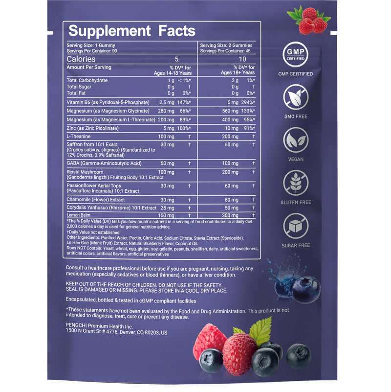 PENGCHI Mushroom Sleep Gummies - for Adult | Reishi, Saffron, Vitamin B6, Magnesium, Passionflower, GABA & Chamomile - Calm & Relaxation Support, Restful Sleep & Nighttime Routine, 90 Counts