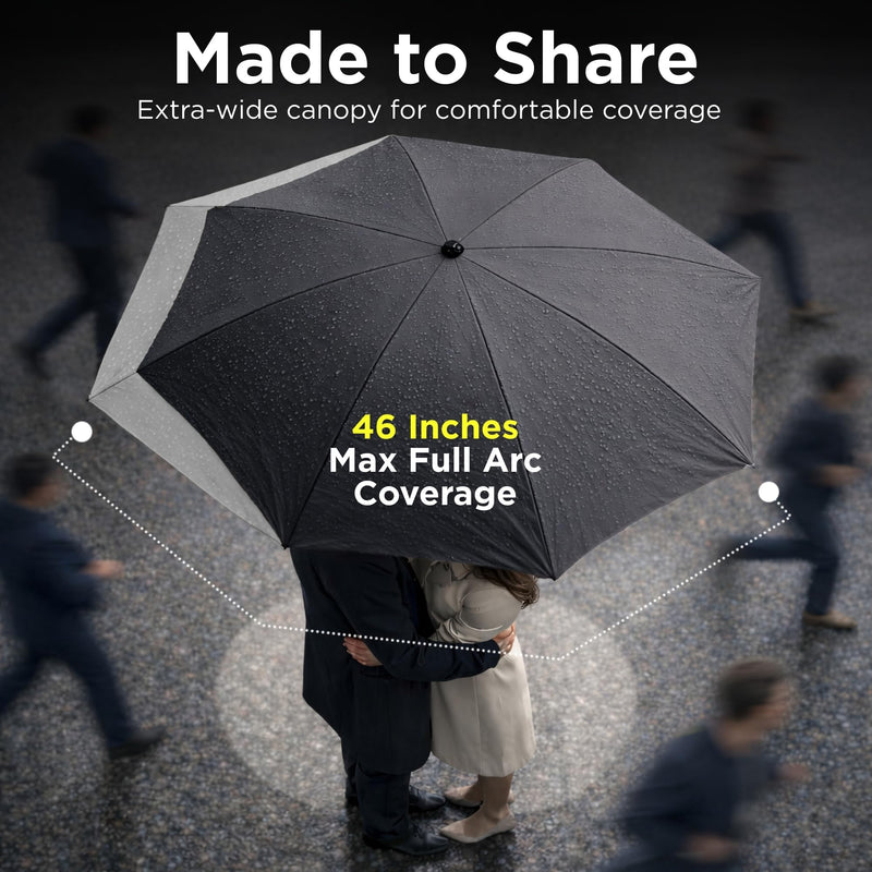 DROPTOP Umbrella Travel Size - Windproof Travel Umbrella Compact | Portable Umbrella with Case & Strap, 46" Full Coverage for Self & Gear, Collapses to 11.5", PFAS-Free, Fiberglass Ribs Black