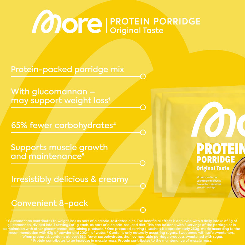 More Protein Porridge, tray of 10, 10 x 62 g Classic, 31 g protein per serving, quick preparation without cooking, creamy delicious porridge with less sugar and fat, perfect for refining
