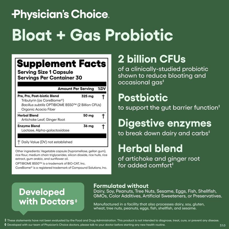Physician's CHOICE Bloat & Gas Probiotic 5-in-1 Proactive Support + Daily Relief - Digestion & Gut Health- Herbals, Digestive Enzymes, Post & Prebiotics - Gas Relief for Adults - Women & Men - 30ct 30 Count (Pack of 1)
