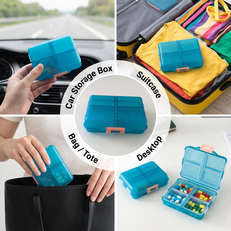 Foldable Weekly Pill Organizer Travel Small Pill Box with Labels (Blue) | 8 Compartments with 7-day Stickers, Compact Size Fits Purse Pocket, for Vitamins and Medication Daily Blue