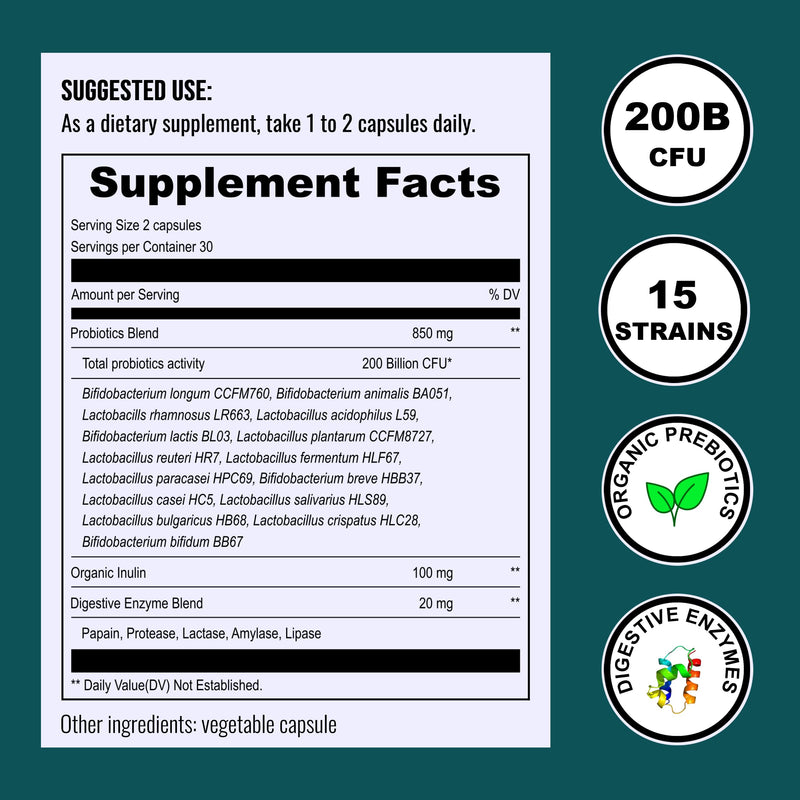 [Australia] - UpNourish Probiotics - 200 Billion CFUs for Men and Women, 15 Clinically Studied Strains, Prebiotics & Enzymes - 60 Vegan Capsules 200B Prebiotics 