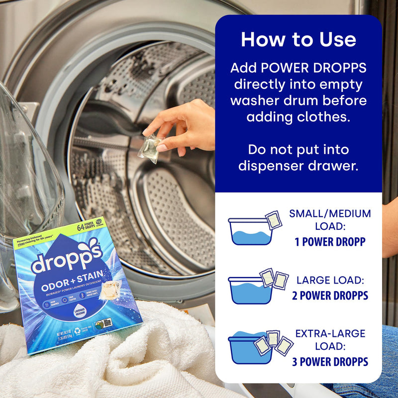 [Australia] - Dropps Stain & Odor Laundry Detergent Pods: Clean & Crisp | 64 Count | HE Compatible + All Washers | Cold Wash + All Temperatures | Tackles Tough Odors | Low Waste Packaging 64 Count (Pack of 1) 