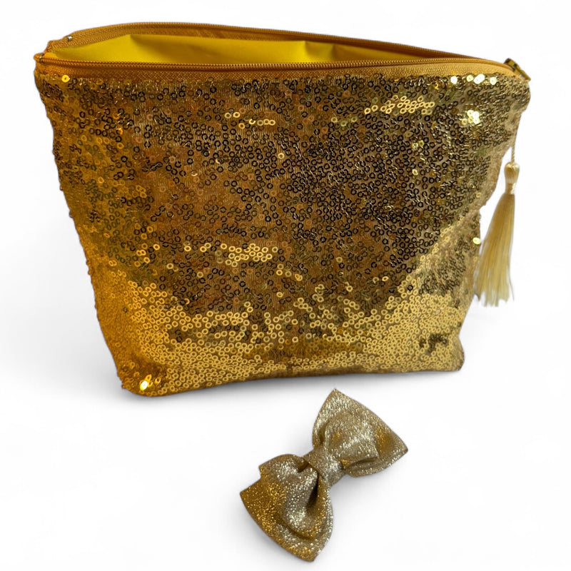 Luxury Handmade Gold Sequin Cosmetic Bag with Tassel, Waterproof Lining, Hair Clip Included