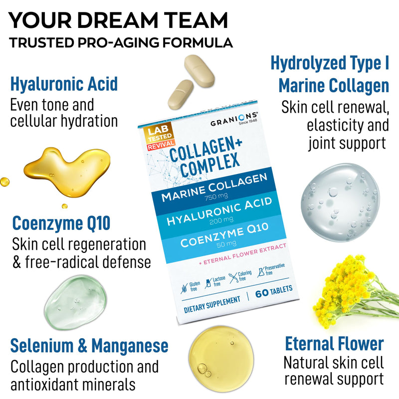 Marine Collagen Pills Complex – 200mg Hyaluronic Acid Supplement, Coenzyme Q10 CoQ10, Hydrolyzed Marine Collagen Peptides, Eternal Flower Hydration, Age Defense Supplements - 60 Sealed Tablets 60 Count (Pack of 1)