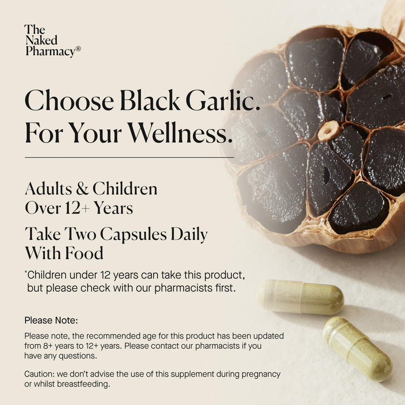 The Naked Pharmacy | Black Garlic Supplements | for Gut, Cardiovascular & Immune System | with Vitamin D | Odourless | 60 Capsules 60 count (Pack of 1)