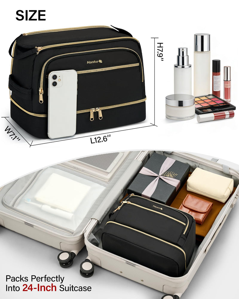 Hanke Travel Toiletry Bag, Lightweight Wide-open Makeup Bag, Dual-Layer Travel Bag for Toiletries Water-Resistant Cosmetic Bags Large Toiletry Bags for Women & Men, Travel Essentials, Black