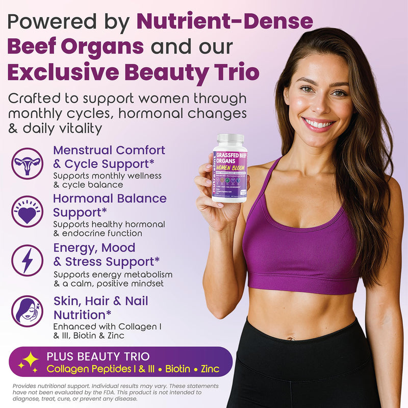 Beef Organ Supplement for Women – NZ Grass Fed | Biotin Collagen Zinc | Women’s 5-organ blend with Uterus & Ovary + Beauty Trio: Biotin, Collagen & Zinc. NZ Grass-Fed. Made in USA. 2 caps daily.