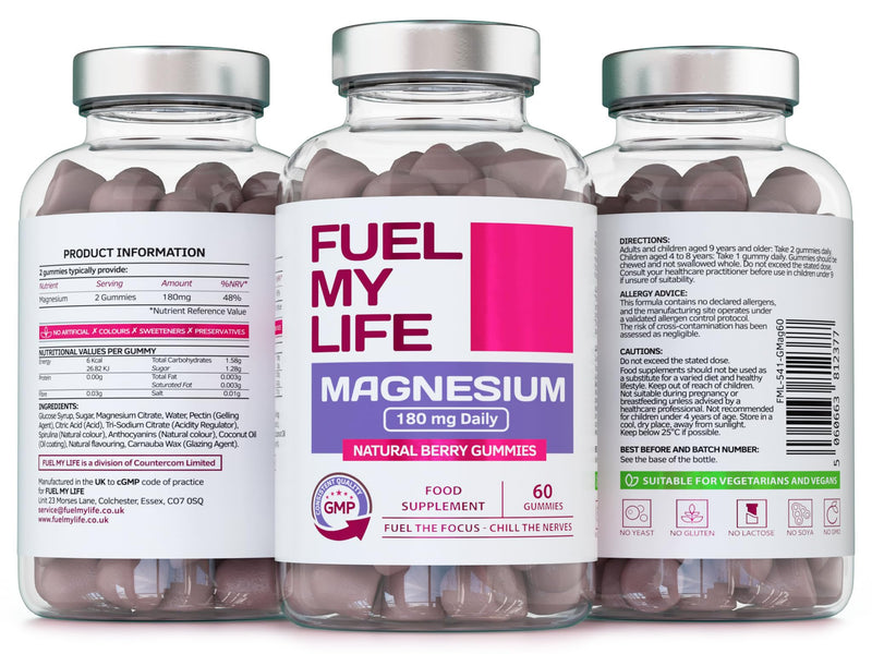 Magnesium Gummies, Providing 180mg Daily dose of Elemental Magnesium from Citrate - 60 Natural Berry Flavour Chewable Yummy Gummies for Better Sleep, Muscle and Nerve Support - UK Made