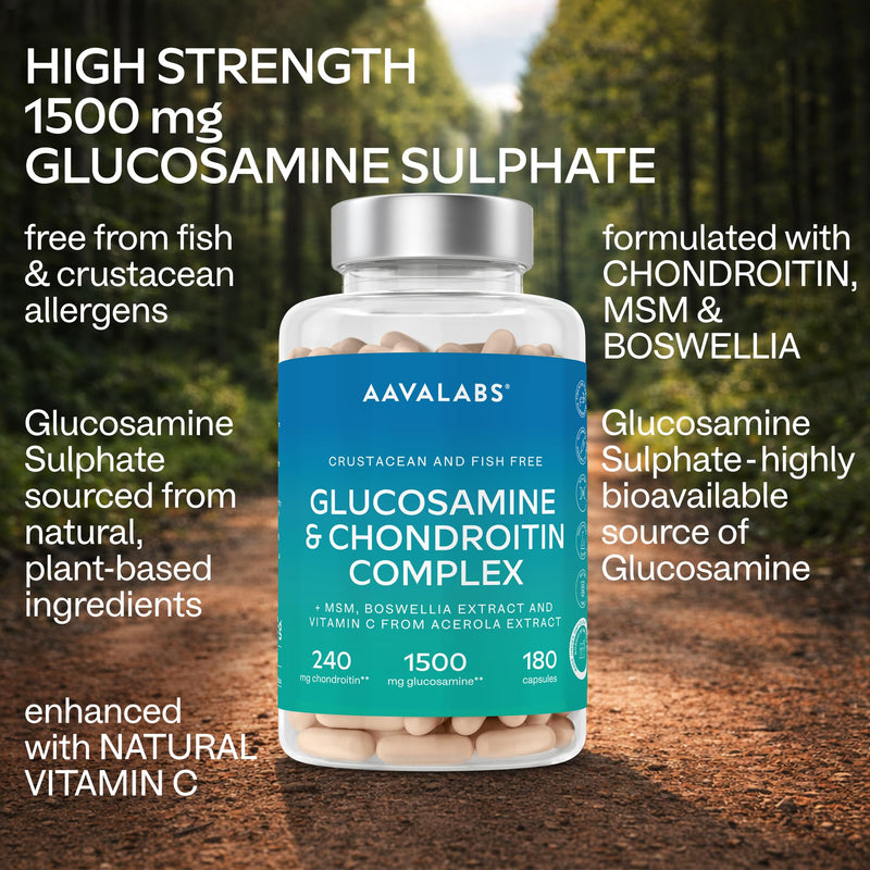 Glucosamine and Chondroitin High Strength + MSM, Boswellia Extract & Vitamin C (3 Capsules Daily) - Fish & Crustacean Allergen Free - 180 Capsules Glucosamine Sulphate 180 count (Pack of 1)