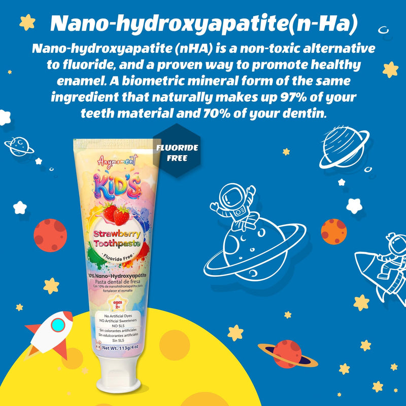 Anymoment Kids Toothpaste, 10% Nano Hydroxyapatite, Fluoride Free, 3-Pack | Natural Strawberry Flavor for Ages 2+, SLS Free with Xylitol, Probiotics & Vitamin E Pack of 3