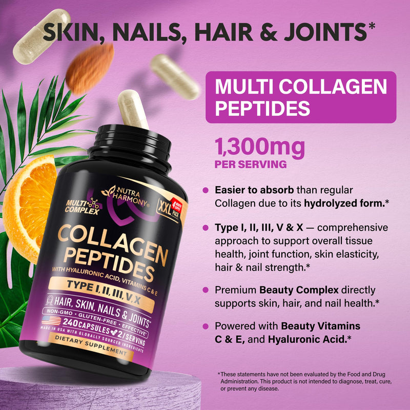 Multi Collagen Peptides 1300mg - Hydrolyzed Types I II III V & X - 240 Caps | Collagen Supplements for Women + Hyaluronic Acid, Vitamin C & E - Skin Hair Nails & Joint Support, Lab Tested, 120-Day Supply 240 Count (Pack of 1)