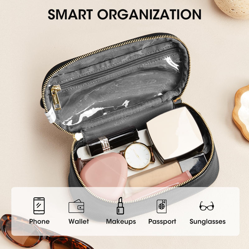 Kattee Makeup Bag for Women, Leather Cosmetic Bag, Working Makeup Bags for Ladies with Handles, Portable Travel Toiletry Bag,Black Black