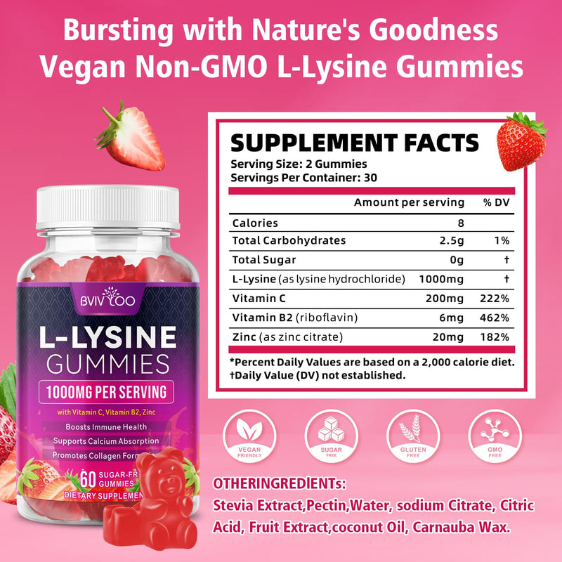 [Australia] - L-Lysine 1000mg Gummies for Immune Support & Skin Health - High Potency Vegan Gummies, Sugar-Free, Natural Berry Flavor, Gluten-Free Chewable Supplement for Adults & Kids - 60 Gummiess 1pack 