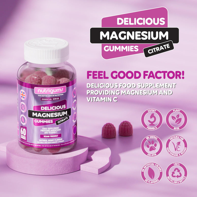 Magnesium Citrate 1250mg & Vitamin C Gummy | High Strength | 150mg of Elemental Magnesium & 80mg Vitamin C | Mixed Berry Flavour | 60 Vegan Gummies | Energy & Bone Support by NUTRIGUMS® 60 count (Pack of 1)