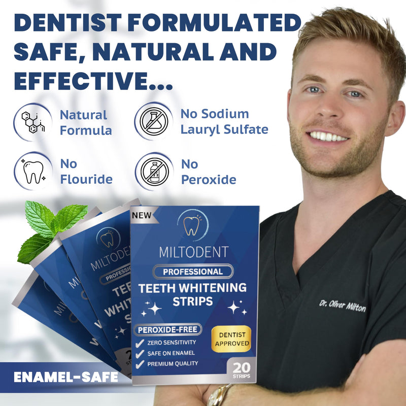 [Australia] - MILTODENT Teeth Whitening Strips | Dentist Formulated | Peroxide Free Whitening Strips for Sensitive Teeth | Enamel Safe | Mint, Coconut (20 Count) 20 Count (Pack of 1) 