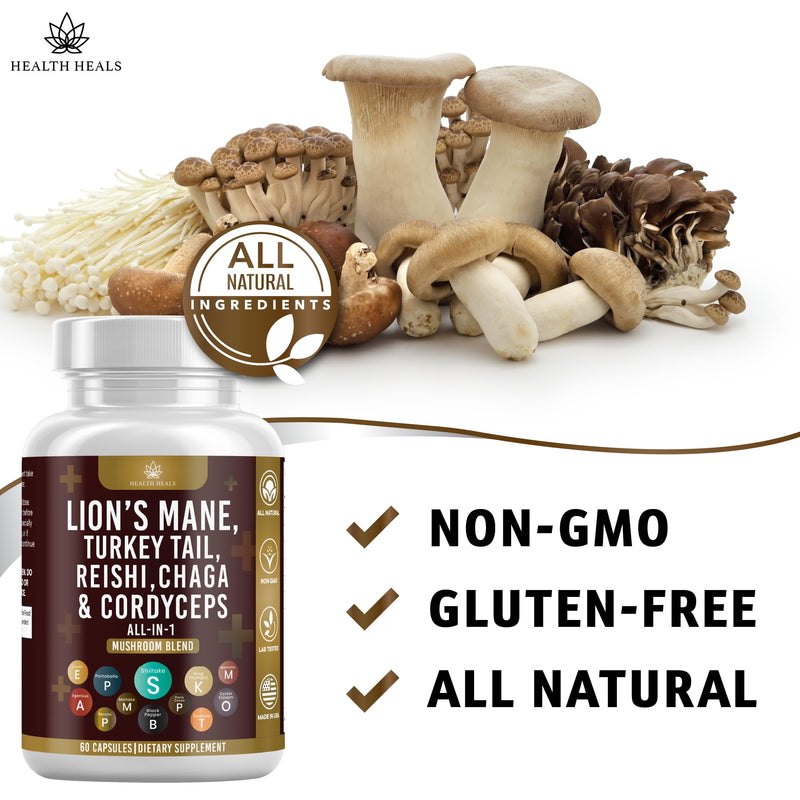 [Australia] - Mushroom Supplement with Lion's Mane Turkey Tail Reishi Cordyceps Chaga Marshmallow Root - 120 Count 120 Capsules (Pack of 2) 
