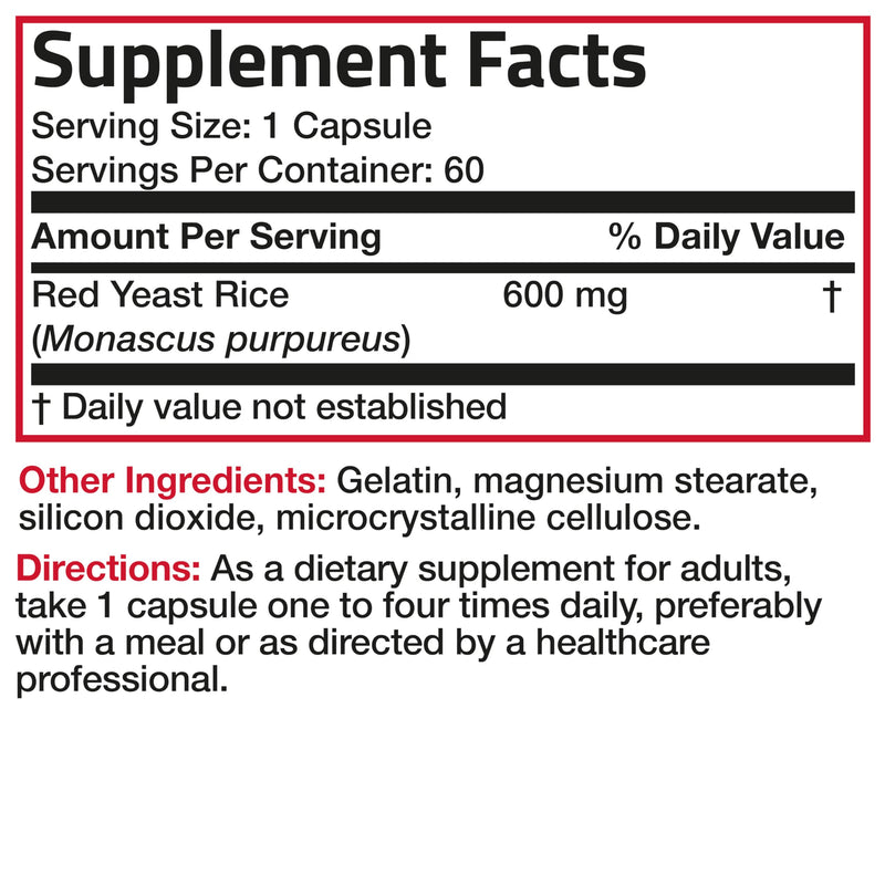 Bronson Red Yeast Rice 600 MG Monascus Purpureus Herbal Health, Non-GMO, 60 Capsules 60 Count (Pack of 1)