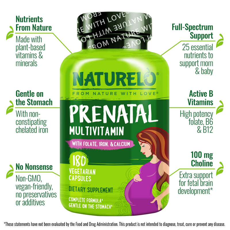 NATURELO Prenatal Multivitamin with Choline & Folate, 180 Capsules | Multivitamin with iron, plant calcium, vegan, vegetarian, Non-GMO, gluten free, 2 month supply 180 Count (Pack of 1)