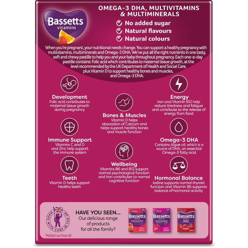 Bassetts Vitamins Pregnancy+ Omega-3 DHA Multivitamins & Multiminerals Strawberry & Orange Flavour 30 Gummy Pastilles Strawberry, Orange 30 count (Pack of 1)