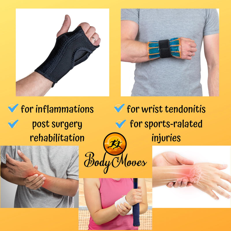 BodyMoves Wrist brace night support splint with hot and cold gel pack wraps right or left hand compression for carpal tunnel tendonitis pain sprained wrist training work out rehabilitation recovery