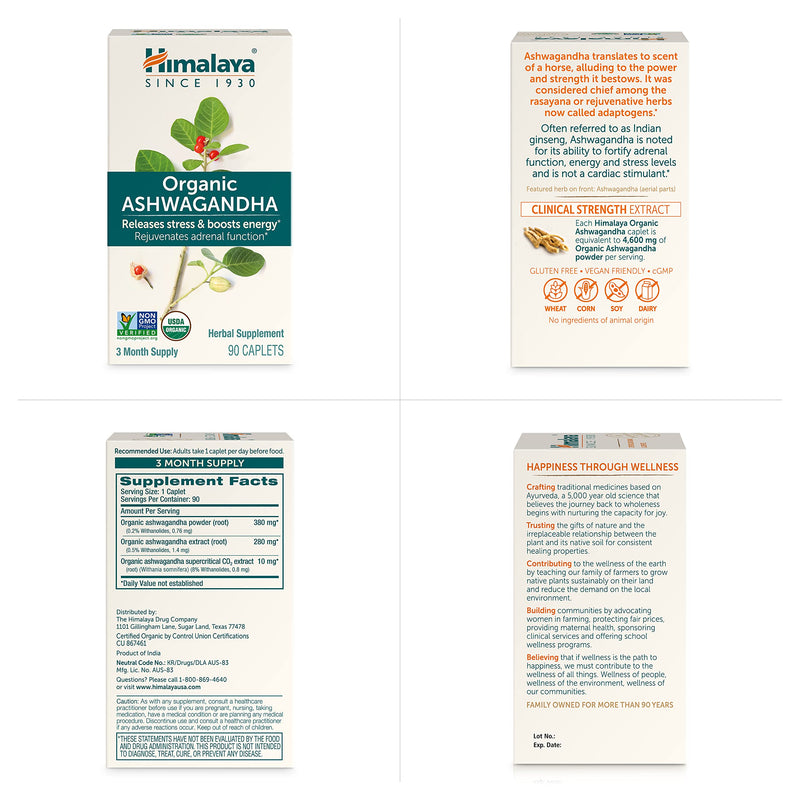 [Australia] - Himalaya Organic Ashwagandha, 90 Day Supply, Herbal Supplement for Stress Relief, Energy Support, Occasional Sleeplessness, USDA Certified Organic, Non-GMO, Vegan, Gluten Free, 670 mg, 90 Caplets 