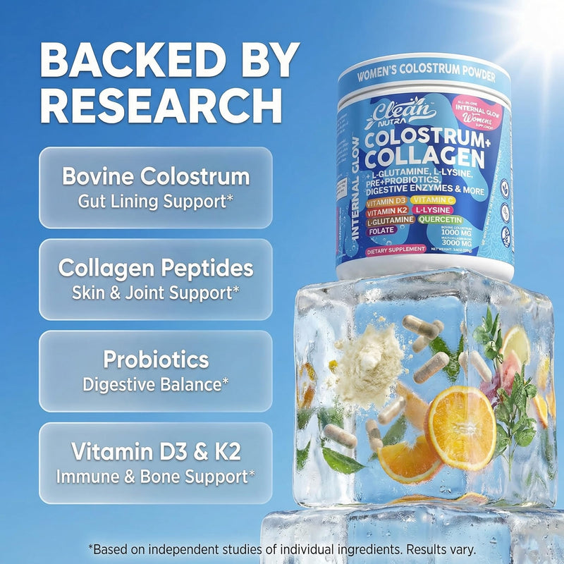 Bovine Colostrum Powder + Collagen Peptides with L-Glutamine L-Lysine Prebiotics Probiotics Digestive Enzymes Vitamin D K2 C Quercetin & Folate | Gut Health Supplement Internal Glow By Clean Nutra 1