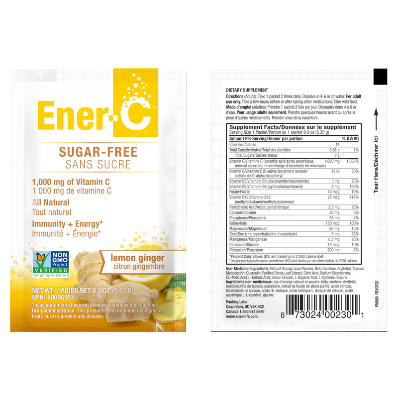 Ener-C Sugar Free Multivitamin Drink Mix - Lemon Ginger, 60 Count | Vitamin Powder for Water, Electrolytes Powder No Sugar, Hydration Boost Packets, Zero Sugar, Vitamin C & B12 Sugar Free Lemon Ginger 9.2 Ounce (Pack of 2)