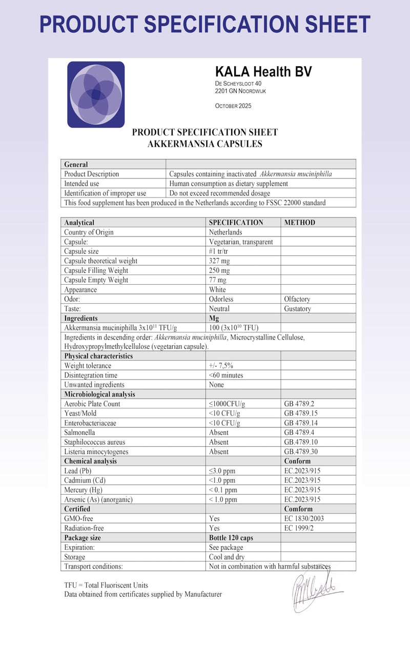 Kala Health Pasteurized Akkermansia – 30 Billion CFU – 30 Capsules – Made in The Netherlands Under ISO 22000 – Full in-House Production for Quality Control