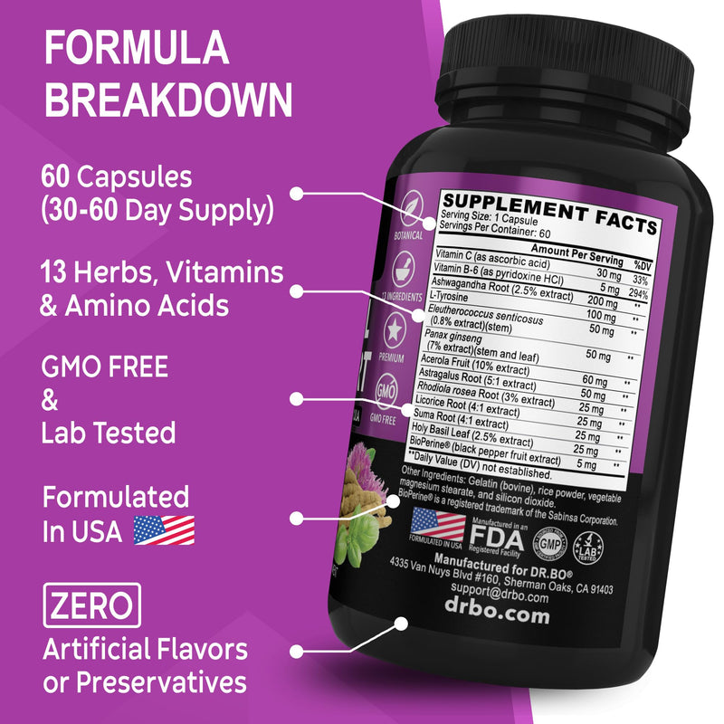 [Australia] - Adrenal Support Cortisol Manager Supplement - Adrenal Fatigue Supplements for Women & Men with Natural Adaptogen Ashwagandha Holy Basil Rhodiola L Tyrosine Complex Adrenal Cortisol Health - 60 Pills 