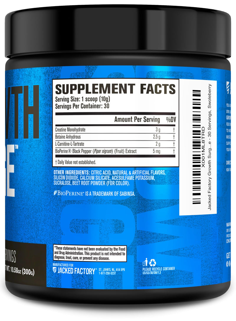 [Australia] - Jacked Factory Growth Surge Creatine Post Workout w/L-Carnitine - Daily Muscle Builder & Recovery Supplement with Creatine Monohydrate, Betaine, L-Carnitine L-Tartrate - 30 Servings, Swoleberry 30 Servings (Pack of 1) 