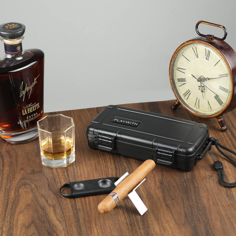 [Australia] - Travel Humidor Box With Cigar Accessories - Spanish Cedar, Humidifier, Cutter, Stand, Punch - Holds 4-5 Cigars - Waterproof, Crushproof, Airtight Seal Store 4-5 cigars 