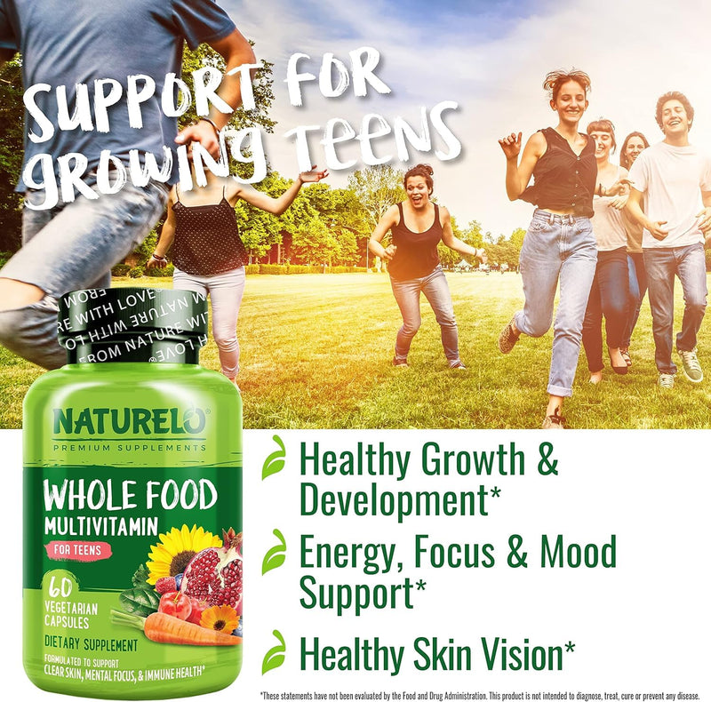NATURELO Multivitamins for Teenage Girls/Boys, 60 Capsules, Whole Food Multivitamin with Minerals, Non-GMO, Vegetarian 60 Count (Pack of 1)