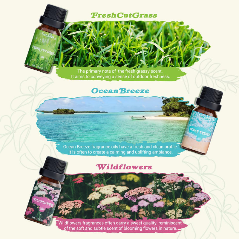[Australia] - SALKING Natural Essential Oils Set, Aromatherapy Fragrance Oil Gift Set, Pure Fragrance Oils for Diffuser Humidifiers, 6 x 10 ml (Pine, Sea Breeze, Rain, Freshly Cut Grass, Wild Flowers, Mountain Air) 