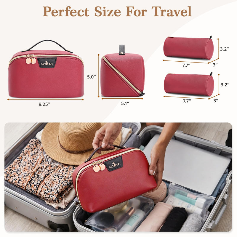 Travel Makeup Bag Organizer for Women: 3-in-1 Large Capacity Cosmetics Bag | Vegan Leather Flat Open Toiletry Bag with 2 Removable Skincare Pouch - Portable Travel Essentials for Full-Sized Bottles B05-Red