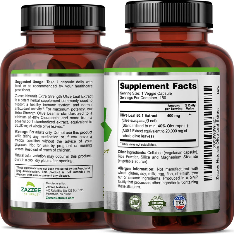 [Australia] - Zazzee Extra Strength Olive Leaf 50:1 Extract, 20,000 mg Strength, 40% Oleuropein, 150 Vegan Capsules, 5 Month Supply, Concentrated and Standardized 50X Extract, 100% Vegetarian, Non-GMO, All-Natural 