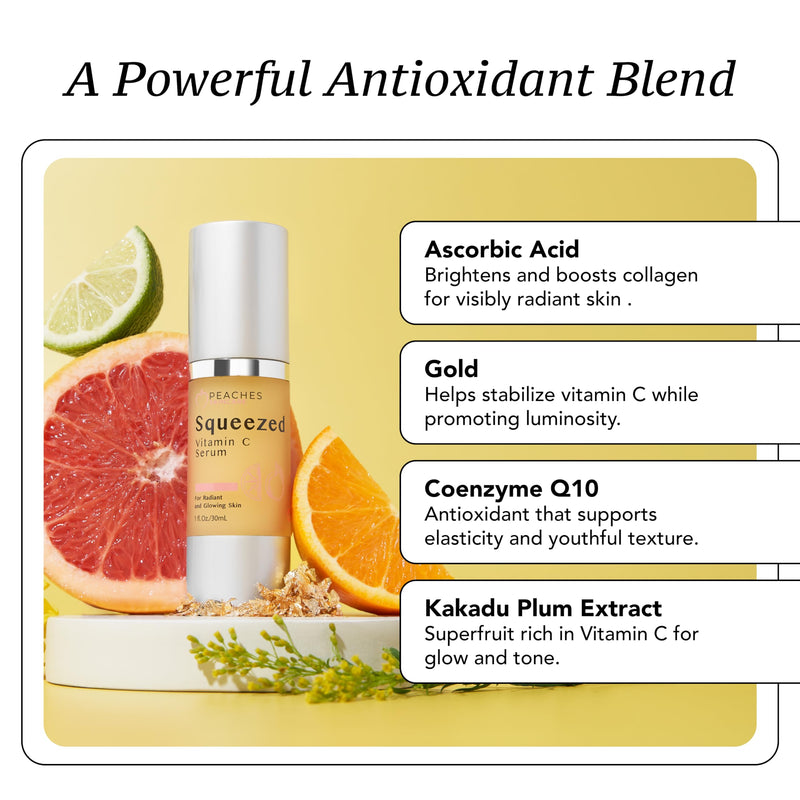 Peaches Skin Care Vitamin C Serum with Kakadu Plum and CoQ10, 1 fl oz | Lightweight hydrating serum with vitamin C, Kakadu plum, gold and CoQ10 for a smooth, radiant-looking complexion.