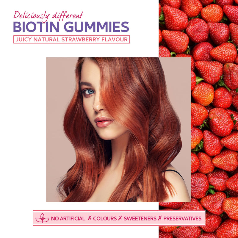 Biotin Gummies 10,000mcg – 60 Vegan Vitamins - Natural Strawberry Flavoured Two Yummy Gummy Daily Dose - Supports Normal Skin & Hair Growth - Chewable - No Artificial Sweeteners – UK Made