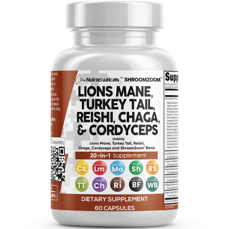 [Australia] - Clean Nutraceuticals Lions Mane 20in1 Mushroom Supplement with Turkey Tail Reishi Cordyceps Chaga Maitake Meshima Poria Cocos Shiitake Oyster Porcini Enoki - 1 Pack 