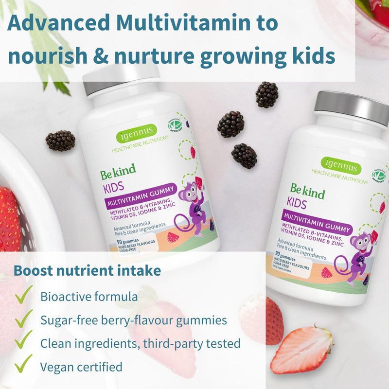 Igennus Methylated Kids Multivitamin Gummies, 90 Sugar Free Berry Gummies | Growth, Brain & Immune Support, Bioavailable B-Vitamins, Methylfolate & Methylcobalamin, Vegan, Age 4+, Third-Party Tested